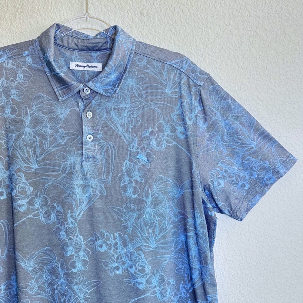 Tommy Bahama Mens XL Grey Blue Orchid Floral Short Sleeve Polo Shirt Marlin Logo
